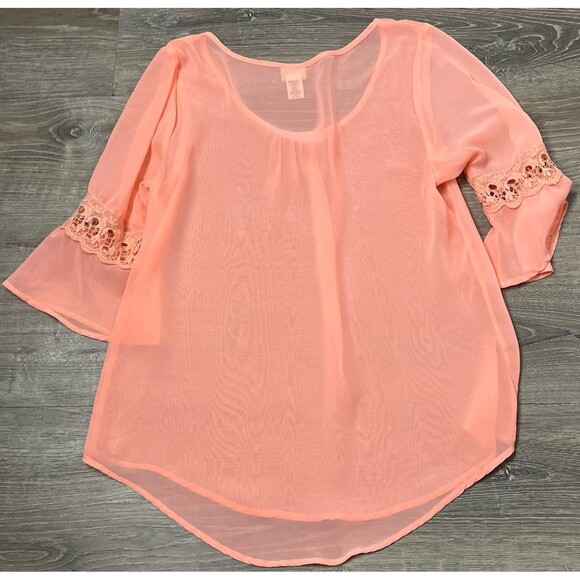 Daytrip Buckle Top Bell Sleeve Crochet Sheer Blouse Peach Large Romantic Peasant - Picture 2 of 5